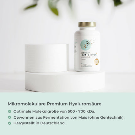 Hialuronskābes kapsulas ar augstu devu – 500 mg vienā kapsulā – 90 vegāniskas hialuronskābes kapsulas 3 mēnešu krājumā – 500–700 kDa I Bagātināts ar cinku, lai veicinātu normālas ādas un kaulu veselības uzturēšanu.