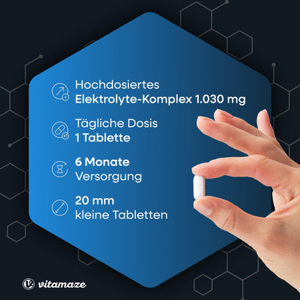 Bezcukura elektrolītu tabletes 1034 mg vienā tabletē, magnijs, kālijs, kalcijs, nātrijs un hlorīds elektrolītu līdzsvaram un muskuļu funkcijai, 180 tabletes keto diētai, ražotas Vācijā