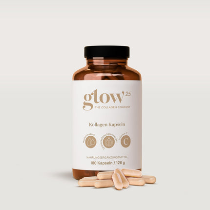 Glow25® kolagēna kapsulas ar augstu devu [180 kapsulas] ar hialuronskābi un C vitamīnu | Augstākās kvalitātes kolagēna komplekss | Laboratorijā pārbaudīts