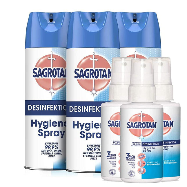 Sagrotan higiēnas tīrīšanas komplekts tekstilizstrādājumu un virsmu dezinfekcijai (3 x 400 ml higiēnas aerosola pudeles un 3 x 100 ml higiēnas pumpja pudeles)
