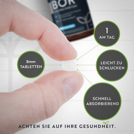 Bors — 4 mg tīra bora vienā tabletē — 400 tabletes — 13 mēnešu krājumi — Laboratorijā pārbaudīts — Bez nevēlamām piedevām — Augsta deva — Piemērots vegāniem — Ražotājs: Nutravita