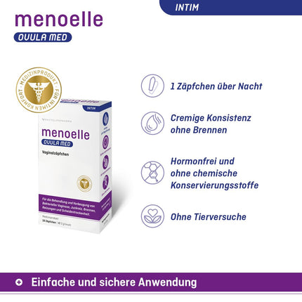 menoelle® OVULA med – vaginālās svecītes. Bakteriālas vaginozes, maksts rauga infekciju un maksts sausuma gadījumā. Ar pienskābi un hialuronskābi. Bez hormoniem un konservantiem. 10 svecītes.