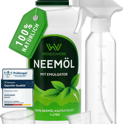 WENDOWERK® Nīma eļļa [1000 ml] - Komplektā ietilpst smidzināšanas pudele un mērtrauks - Nīma eļļa ar emulgatoru tiešai lietošanai - Nīma eļļa dabīgai augu kopšanai lietošanai iekštelpās un ārā