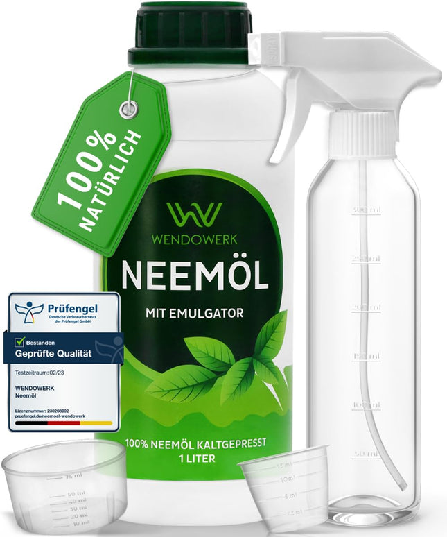 WENDOWERK® Nīma eļļa [1000 ml] - Komplektā ietilpst smidzināšanas pudele un mērtrauks - Nīma eļļa ar emulgatoru tiešai lietošanai - Nīma eļļa dabīgai augu kopšanai lietošanai iekštelpās un ārā