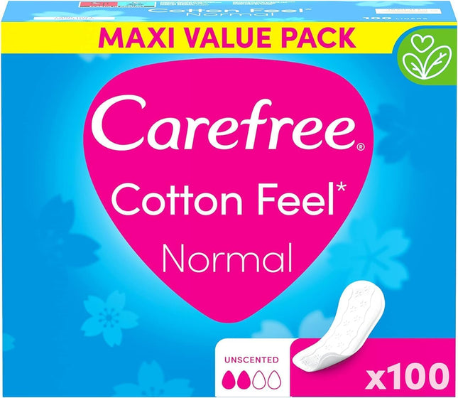 Carefree Cotton Feel Normal ikdienas ieliktnīši, bez smaržas, 100% elpojoši, nodrošina komforta, sausuma un svaiguma sajūtu, normāls izmērs, uzglabāšanas iepakojums (100 gab.)