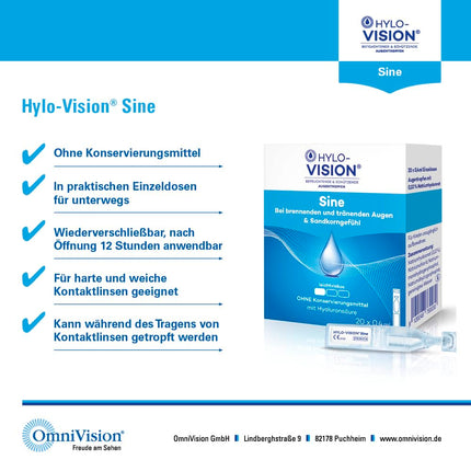 Hylo-Vision Sine acu pilieni – sausām, dedzinošām, asarojošām acīm un graušanas sajūtai, ideāli piemēroti lietošanai ceļā, nedaudz viskozi, bez konservantiem, piemēroti kontaktlēcām, 20 x 0,4 ml