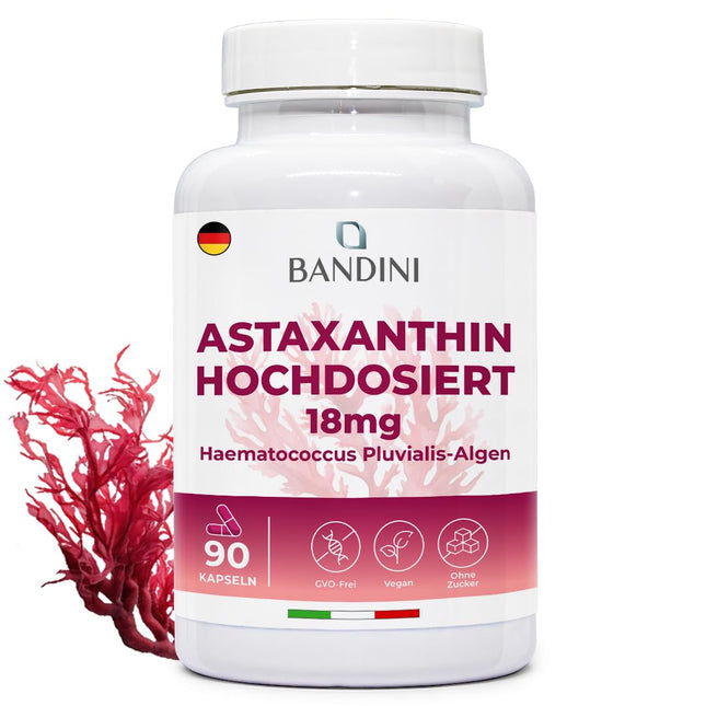 Bandini® Pure astaksantīns 18 mg kapsulā, 90 kapsulas (3 mēnešu piegāde), aļģes Haematococcus Pluvialis - dabīgs astaksantīns, bez magnija stearāta, bez ĢMO