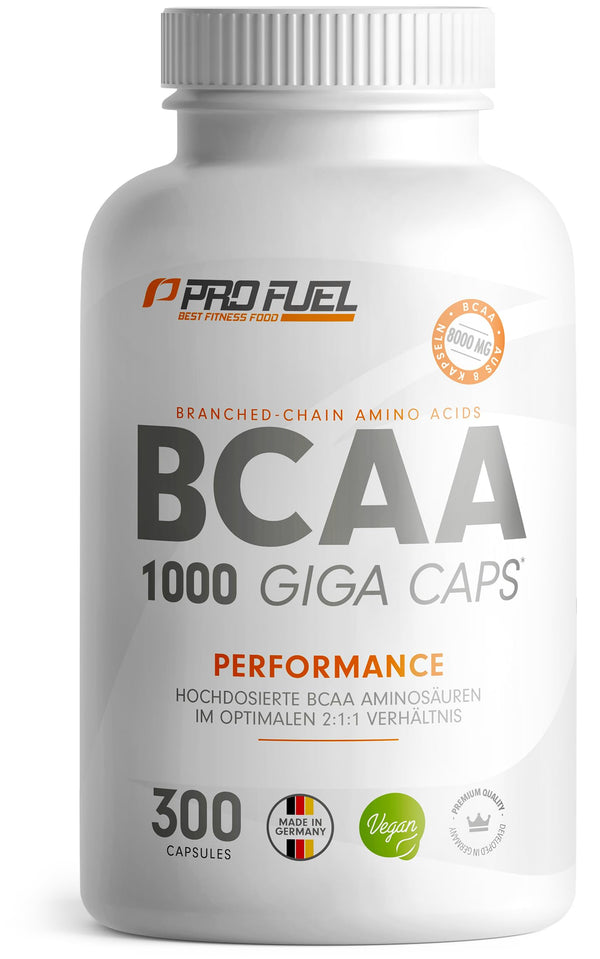 BCAA 1000 Giga kapsulas - augsta deva ar 8000 mg BCAA - 300x BCAA kapsulas ar 1000 mg BCAA katrā optimālā attiecībā 2:1:1 - neaizvietojamās aminoskābes leicīns, izoleicīns un valīns - laboratorijā pārbaudīts, 100% vegāns