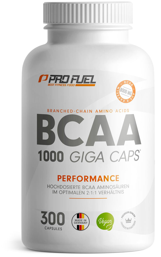 BCAA 1000 Giga kapsulas - augsta deva ar 8000 mg BCAA - 300x BCAA kapsulas ar 1000 mg BCAA katrā optimālā attiecībā 2:1:1 - neaizvietojamās aminoskābes leicīns, izoleicīns un valīns - laboratorijā pārbaudīts, 100% vegāns