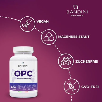 Bandini® vīnogu kauliņu ekstrakts 200 kapsulas 3 mēnešiem | Augsta OPC koncentrācija ar 95% katrā kapsulā | Augstākais saturs saskaņā ar HPLC | No Itālijas vīnogām | 1052 mg ekstrakta ar 999,4 mg OPC + 24 mg C vitamīna