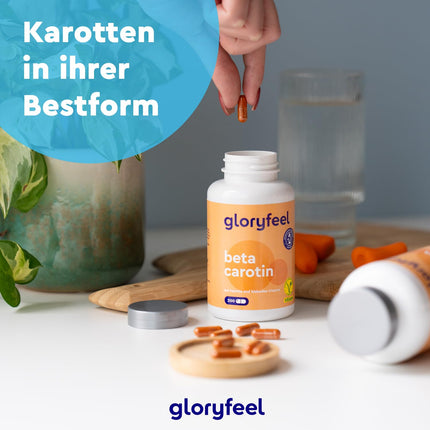 Beta karotīna iedeguma kapsulas - 200 vegānas kapsulas - Zīmola izejviela Lyc-O-Beta® no dabīga burkānu ekstrakta - Provitamīns A redzei, ādai un imūnsistēmai* - Izstrādāts Vācijā un laboratorijā pārbaudīts