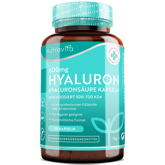 Nutravita® 600 mg hialuronskābes kapsulas ar augstu devu - ar 600 mg vienā kapsulā - 500-700 kDa - 90 kapsulas (3 mēneši) - Partijas testēšana un sertifikācija neatkarīgā Vācijas laboratorijā - Vegāns