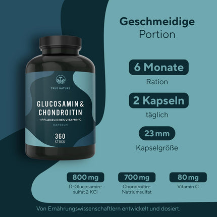 Glikozamīna hondroitīns augstā devā - lielais iepakojums: 360 kapsulas (pietiek 6 mēnešiem) - ar C vitamīnu (veicina normālu kolagēna veidošanos) - farmaceitiskā kvalitāte - ražots Vācijā - ĪSTA DABA