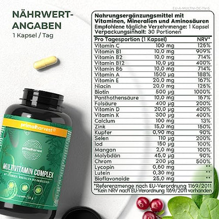 Primal Harvest® multivitamīnu tabletes (30 porcijas) - augsta deva - kapsulas ar svarīgākajiem vitamīniem - A, C, D, K vitamīni un minerālvielas, piemēram, biotīns, cinks, folskābe - vitamīnu tabletes
