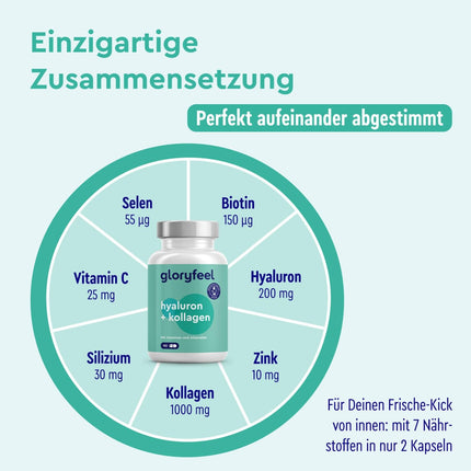 Hialuronskābes kolagēna komplekss - 180 kapsulas - ar biotīnu, C vitamīnu (no acerolas), cinku, selēnu un bambusa ekstraktu - ādai, matiem, nagiem - ar augstu biopieejamību - laboratoriski pārbaudīts
