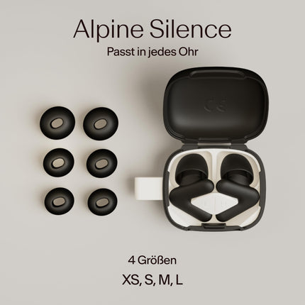 Alpine Silence — īpaši ērti ausu aizbāžņi gulēšanai, koncentrēšanās spējas izmantošanai un ceļošanai — atkārtoti lietojami dzirdes aizsardzības ausu aizbāžņi — inovatīvi V veida un mīksti aizbāžņi XS/S/M/L izmēros — melni