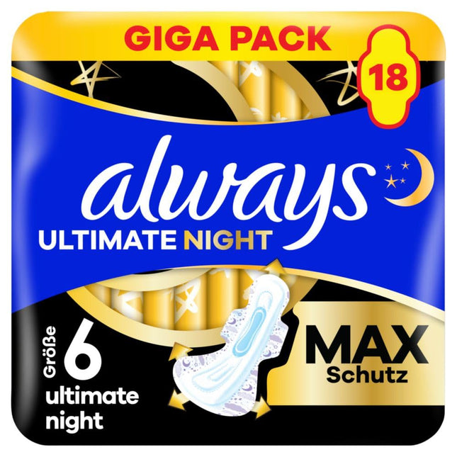Always Ultimate Night higiēniskās paketes (6. izmērs) ar spārniņiem, 18 iepakojumi, īpaši absorbējošas, menstruācijām