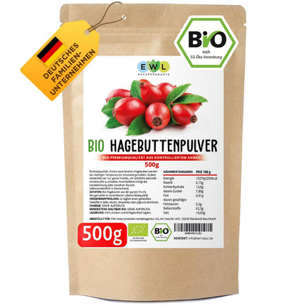EWL Naturprodukte bioloģiskais mežrozīšu pulveris 500g, neapstrādāts mežrozīšu pulveris, bioloģisks mežrozīšu pulveris no sertificētas bioloģiskās lauksaimniecības, vegāns