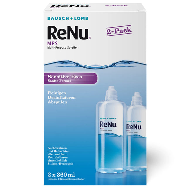 Bausch + Lomb ReNu MPS Sensitive Eyes kombinētais šķīdums - kontaktlēcu tīrīšanas un uzglabāšanas šķīdums, mīkstas kontaktlēcas, 2 x 360 ml, caurspīdīgs