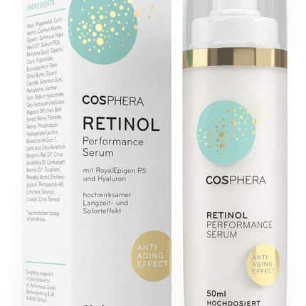 Cosphera - Retinol Performance serums 50 ml - ar hialuronskābi - vegāns augstas devas koncentrāta gels sejai, kaklam - pretgrumbu mitrinoša procedūra sievietēm un vīriešiem