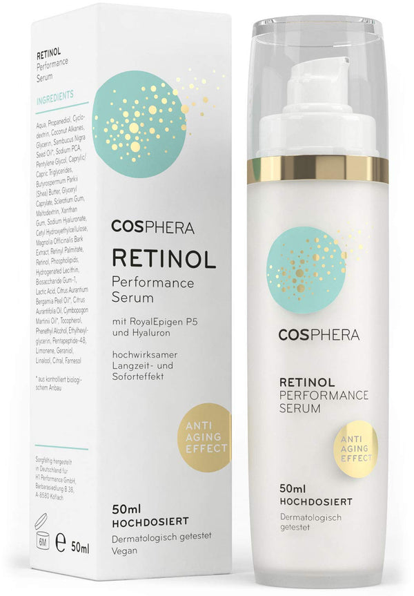 Cosphera - Retinol Performance serums 50 ml - ar hialuronskābi - vegāns augstas devas koncentrāta gels sejai, kaklam - pretgrumbu mitrinoša procedūra sievietēm un vīriešiem