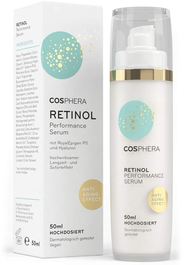 Cosphera - Retinol Performance serums 50 ml - ar hialuronskābi - vegāns augstas devas koncentrāta gels sejai, kaklam - pretgrumbu mitrinoša procedūra sievietēm un vīriešiem