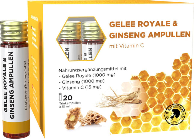AKTĪVI DABISKI LĪDZEKĻI Peru pieniņa un žeņšeņa ampulas | 20 ampulas | 1000 mg peru pieniņa + 1000 mg žeņšeņa + C vitamīns