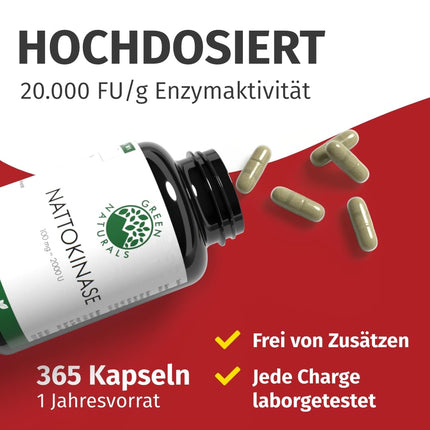 Nāttokināze 20 000 FU/g — 100 mg kapsulā — 1 gada krājums (365 kapsulas) — fermentēts sojas pupiņu ekstrakts — aptiekas kvalitāte — Green Naturals®