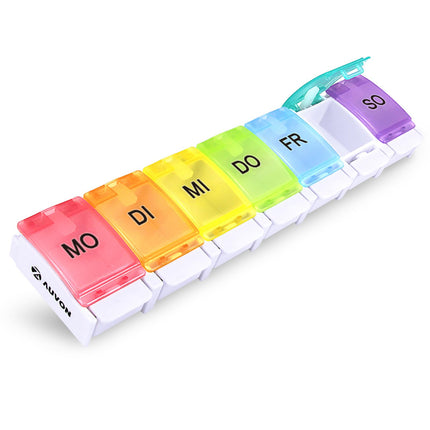 AUVON 7 dienu tablešu kastīte, 7 nodalījumu tablešu kastīte, BPA nesaturoša zāļu kastīte ar unikālu dizainu un lieliem nodalījumiem vitamīnu un zivju eļļas tabletēm, medikamentiem vai uztura bagātinātājiem.