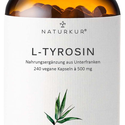 Naturkur® L-tirozīns 500 mg - 240 kapsulas farmaceita stikla burciņā - Tīrs un vegānisks ar vislabāko biopieejamību, roku darbs Lejasfranconijā