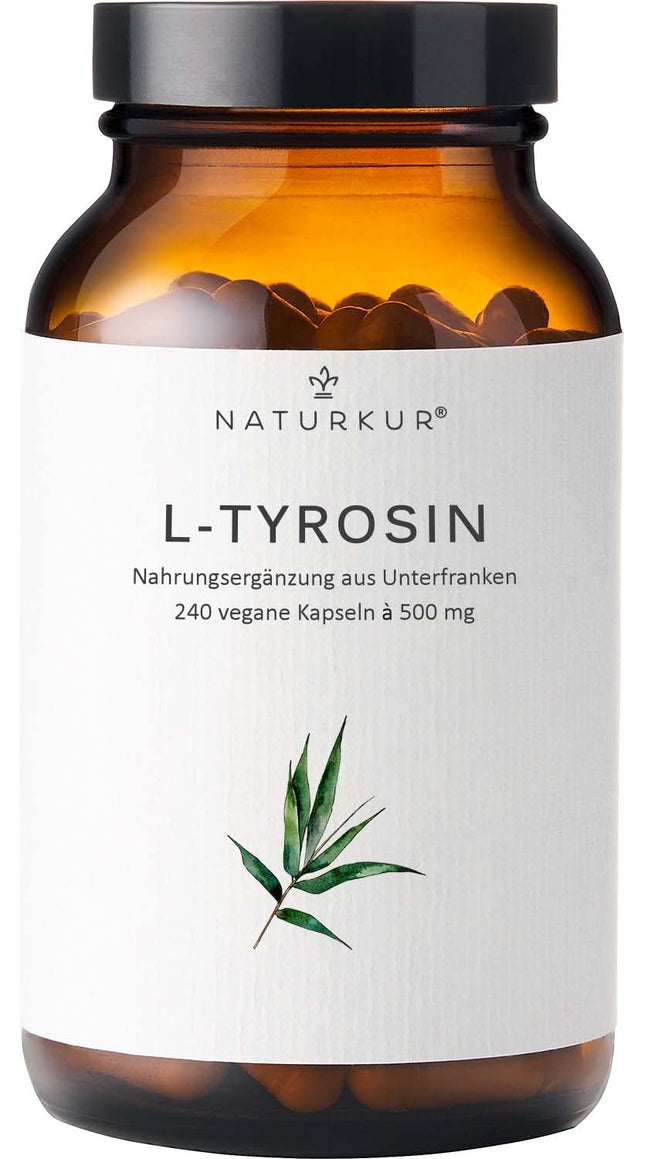 Naturkur® L-tirozīns 500 mg - 240 kapsulas farmaceita stikla burciņā - Tīrs un vegānisks ar vislabāko biopieejamību, roku darbs Lejasfranconijā