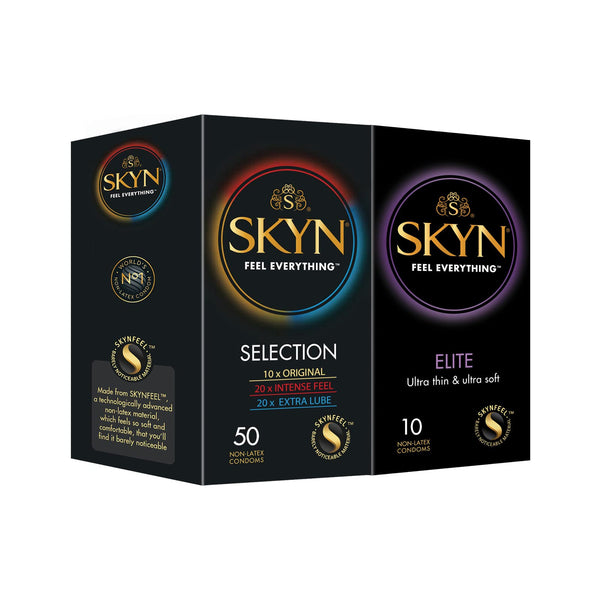 SKYN Selection Variety prezervatīvu komplekts (50 gab.) un Elite prezervatīvi (10 gab.) | Dažādu veidu iepakojums ar 10 oriģinālajiem, 20 Intense Feel un 20 Extra Lube prezervatīviem, plāniem prezervatīviem, lietojamiem ar mūsu lubrikantiem