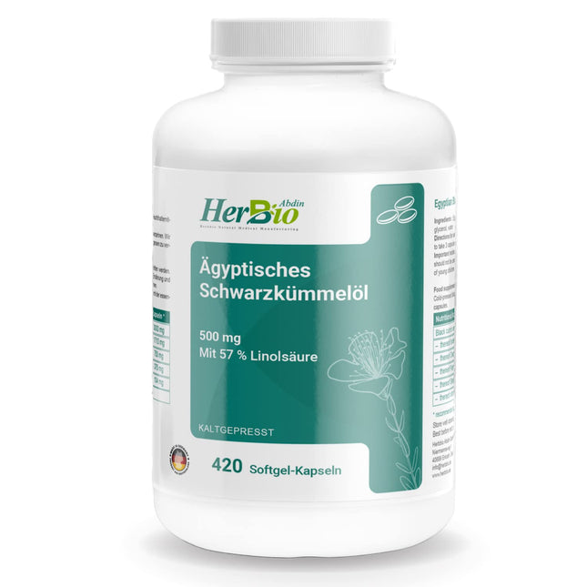 HerbBio Ēģiptes melno ķimeņu eļļas kapsulas 500 mg 420 mīkstās želatīna kapsulas - tostarp 57% linolskābes - augstākās kvalitātes auksti spiestas - 100% liellopu želatīns Halal sertificēts - laboratorijā pārbaudīts - melno ķimeņu eļļas kapsulas