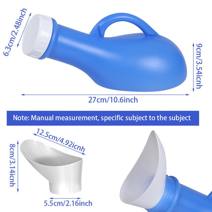 Urīna pudeles 1000 ml urīna pudele vīriešiem un sievietēm, pārnēsājama urinēšanas pudele, urīna pudeļu turētājs ar vāku, unisex urīna pudele, urīna savākšanas trauks lietošanai ceļā un mājās