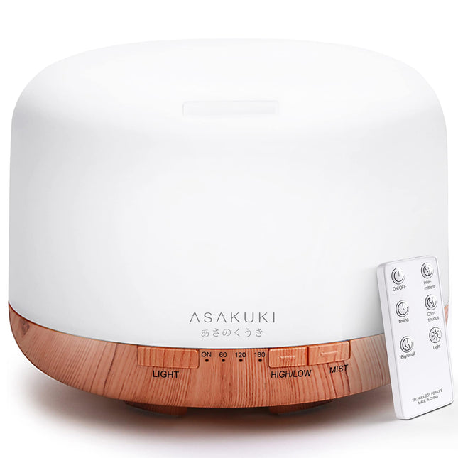 ASAKUKI aromterapijas difuzors 500 ml, ultraskaņas aromterapijas difuzors ēteriskajām eļļām, mitrinātājs ar tālvadības pulti, automātiska izslēgšanās, kad trūkst ūdens, un 7 LED gaismas krāsu veidi