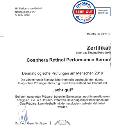 Cosphera - Retinol Performance serums 50 ml - ar hialuronskābi - vegāns augstas devas koncentrāta gels sejai, kaklam - pretgrumbu mitrinoša procedūra sievietēm un vīriešiem