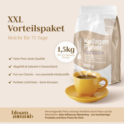 Kolagēna pulveris 1500 g (1,5 kg) - augstas devas un bezgaršīgs kolagēna hidrolizāta pulveris, 1. un 3. tipa peptīds - kolagēna peptīdi - ražots Vācijā XXL uzglabāšanas iepakojums