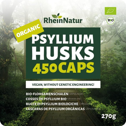 RheinNatur organiskās psyllium sēnalu kapsulas - 450 lielas devas kapsulas (3000 mg vienā porcijā) - ražotas Vācijā - psyllium sēnalu šķiedrvielas - psyllium kapsulas - atbalsta gremošanu