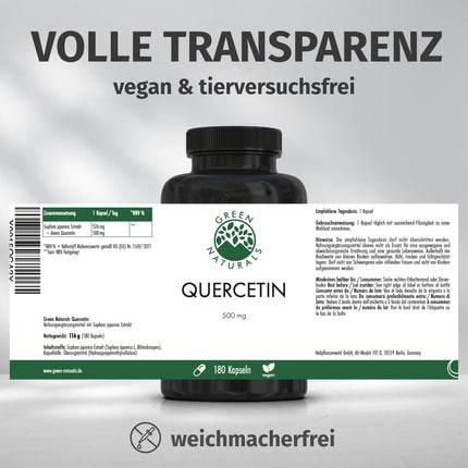 Kvercetīns ar augstu devu - 180 kapsulas pa 500 mg katra, ražotas Vācijā ar ekstrakta saturu 95% - 6 mēnešu krājumi - aptiekas kvalitāte - Green Naturals®