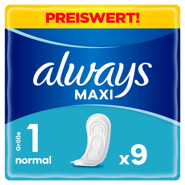Always Maxi higiēniskās paketes sievietēm, 1. izmērs, normāla izmēra (9 paketes), mīkstas un ļoti absorbējošas, neitralizē smakas un aizsargā pret noplūdēm