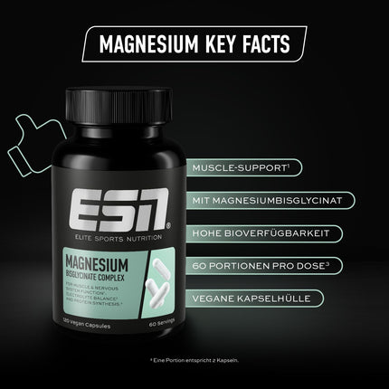 ESN magnija kapsulas, 120 kapsulas, 300 mg magnija dienā - magnija bisglicināta kapsulas, enerģijas atbalsts, augsta biopieejamība - ražots Vācijā