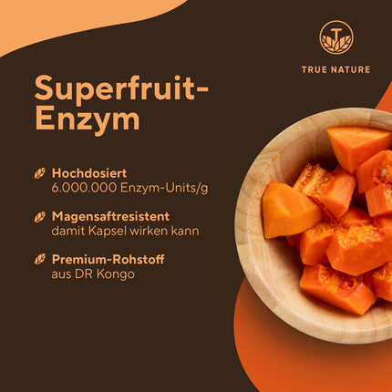 Papaijas enzīmu kapsulas - 270 gabali - AUGSTA DEVA: 2100 mg tīra papaīna - 6 miljoni vienību/g Papaīna enzīmu aktivitāte - vegāns, ražots Vācijā - TRUE NATURE®