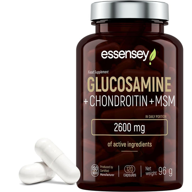 ESSENSEY - Glikozamīns un hondroitīns MSM I 2600 mg aktīvās vielas uz ieteicamo dienas devu I 120 kapsulas I MSM 600 mg I 30 dienas devas I Viegli norijamas