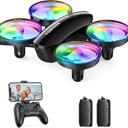 Mini drons ar kameru HD 1080P bērniem iesācējiem, TOMZON RC kvadrokopters ar krāsainām gaismas diodēm, ilgs lidojuma laiks, 360° propelleru aizsardzība/metiens/3D apgrieziens/, helikoptera tālvadības rotaļu drons iekštelpām