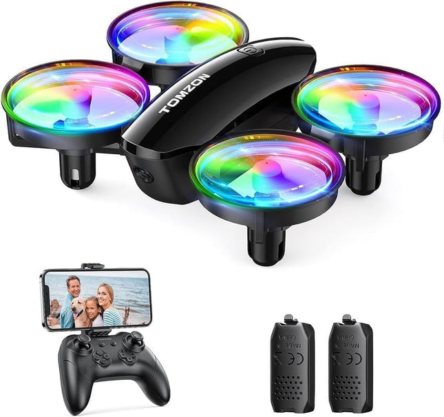 Mini drons ar kameru HD 1080P bērniem iesācējiem, TOMZON RC kvadrokopters ar krāsainām gaismas diodēm, ilgs lidojuma laiks, 360° propelleru aizsardzība/metiens/3D apgrieziens/, helikoptera tālvadības rotaļu drons iekštelpām