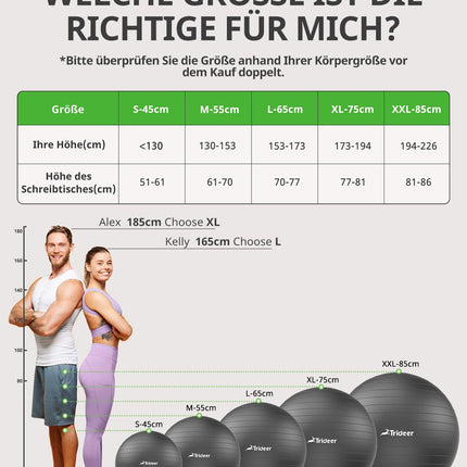 Trideer bieza vingrošanas bumba grūtniecēm, Pezzi bumba, pretplīsuma Pilates bumba, 45–85 cm sēdekļa bumba līdzsvara nodarbībām, joga kā mazs fitnesa aprīkojums un līdzsvara krēsls sporta zālē un mājas birojā