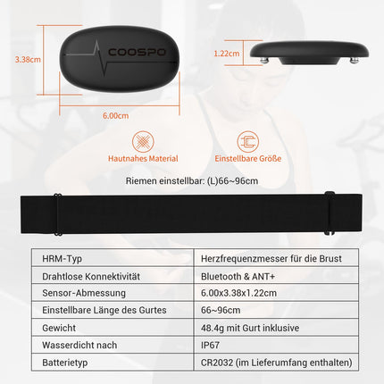 COOSPO H6M sirdsdarbības ātruma monitors ar krūšu siksnu, Bluetooth ANT+ savienojamība, sirdsdarbības ātruma sensors, EKG mērīšana, IP67 ūdensizturīgs, saderīgs ar Wahoo, Elite HRV, Rouvy, Adidas Run, Kinomap, Pulsoid