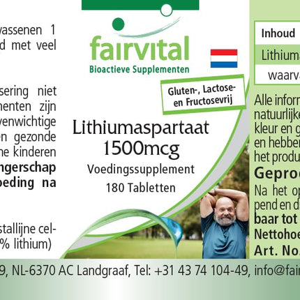 Fairvital | Litija aspartāts 1500 μg - 180 tabletes - Organiski saistīts litijs - Augsta biopieejamība - Kvalitātes pārbaude un liela deva - 100% vegāns - Ražots Vācijā