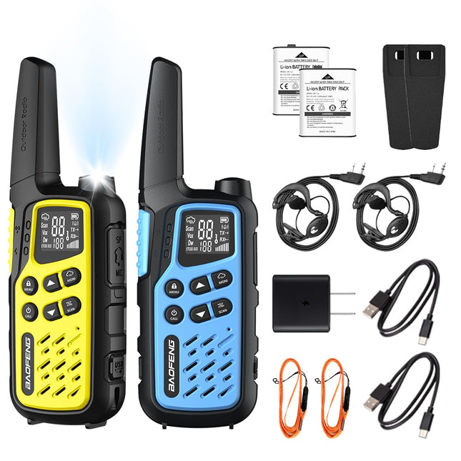 BAOFENG T25 PMR446 rācijas bez licences, 16 kanāli, CTCSS/DCS, divu pulksteņu, VOX, uzlādējamas rācijas ar 1400mAh akumulatoru, paredzētas pieaugušajiem un bērniem piedzīvojumiem, pārgājieniem, riteņbraukšanai (2 gab.)