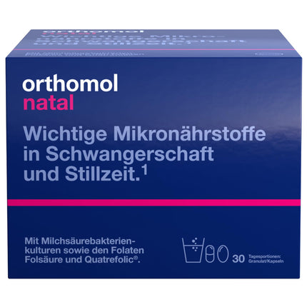 Orthomol Natal - Mikroelementi grūtniecēm un zīdīšanas laikā - ar folskābi, citiem vitamīniem un cinku - Granulas/Kapsulas, 30 dienas porcijas